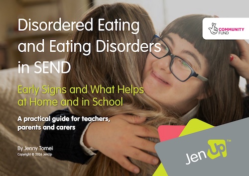 Parent hugging a young person with SEND, cover of the JenUp autism, ADHD and eating disorders toolkit